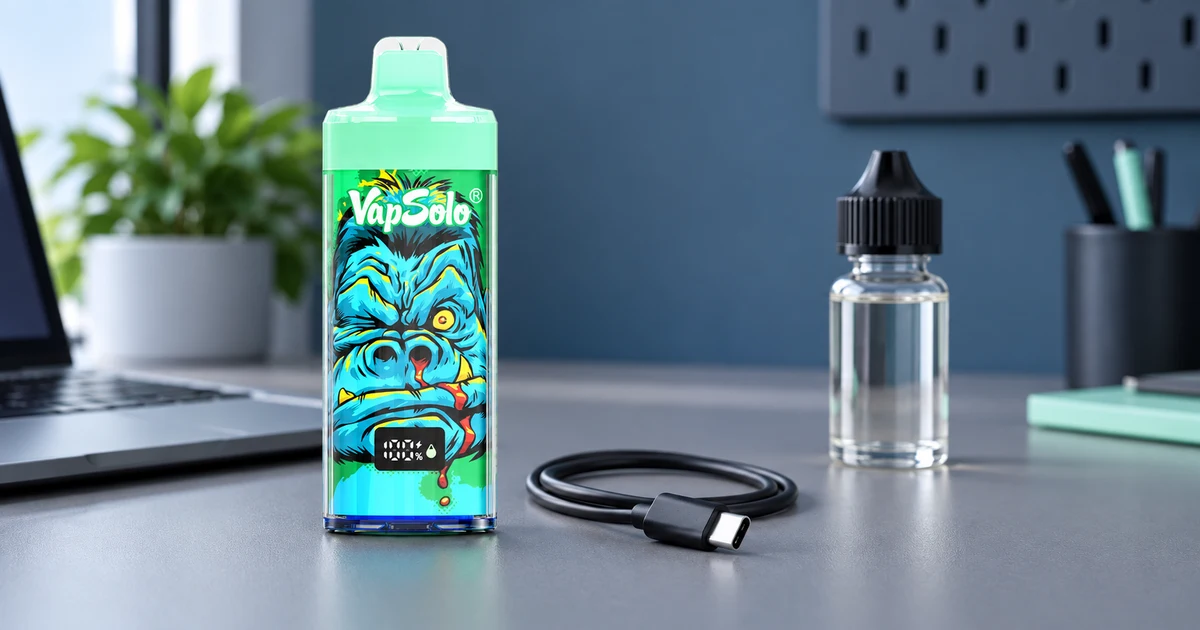 VapSolo King Pro 65K junto a un cable USB-C y un frasco cerrado, sin mostrar una recarga